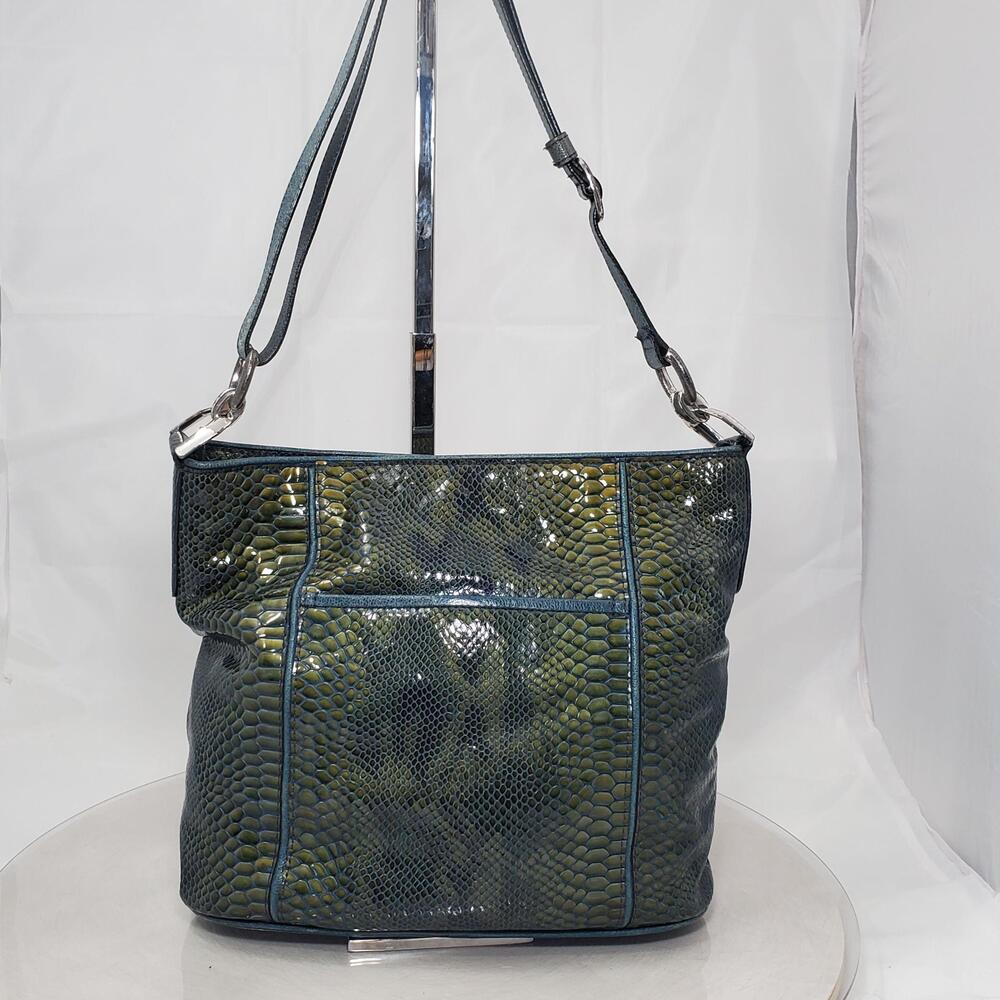 Brighton Snakeskin Embossed Leather Hobo Crossbody Bag Large Green Blue E603229